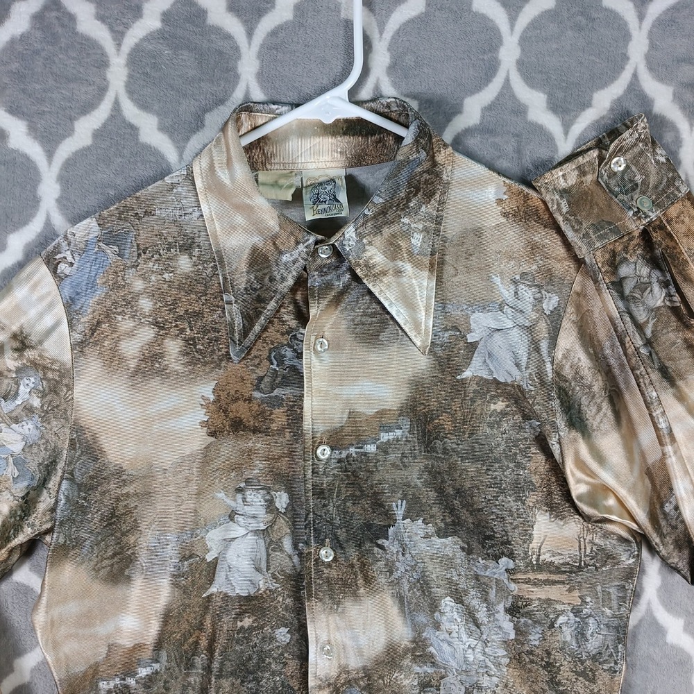 VTG 70s Kennington LTD Shirt Men L Disco Collar Victorian Lovers Scenic Print